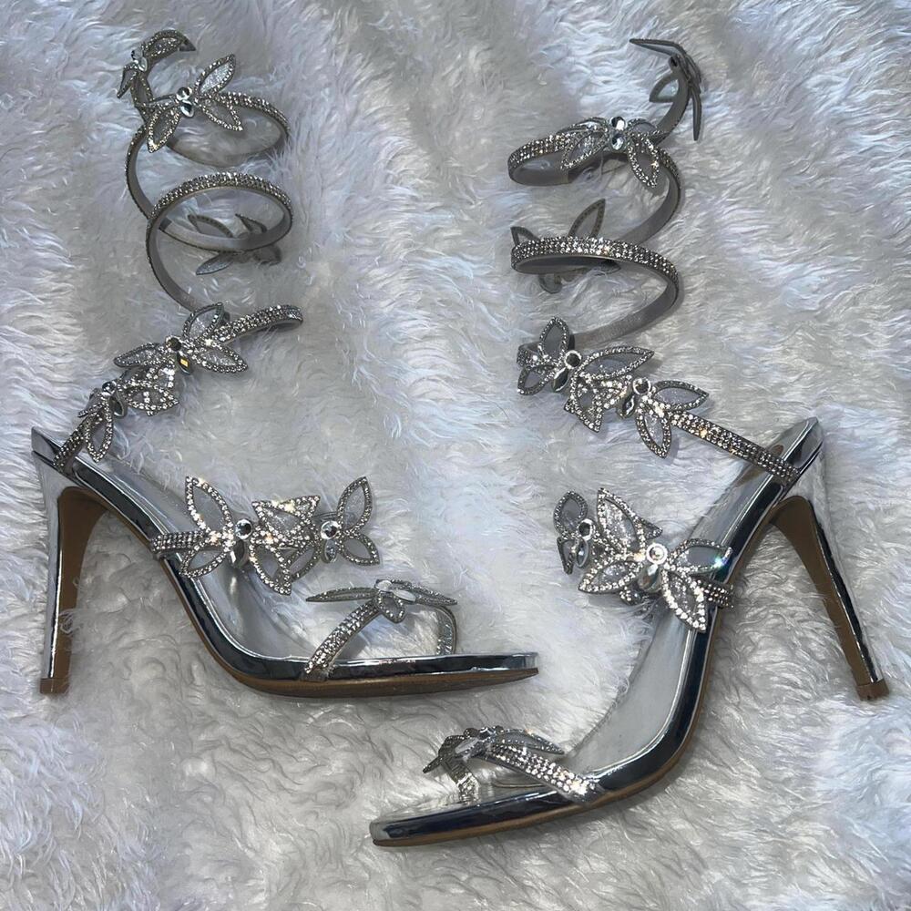 Silver crystal rhinestone stiletto heels